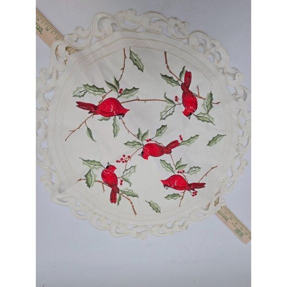 Round Christmas Red Cardinal Embroidered Lace Table Topper 16" - Picture 2 of 10
